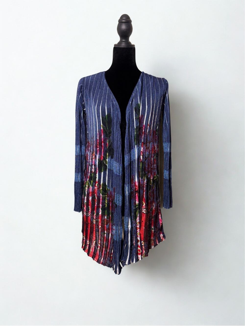 Desigual Navy Pleated Accordion Rose Floral Print Open Front Cardigan